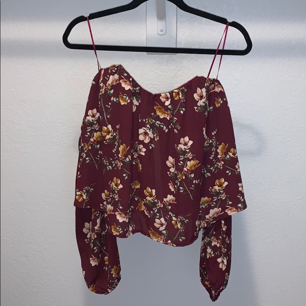 Long sleeve off the shoulder dark red floral top